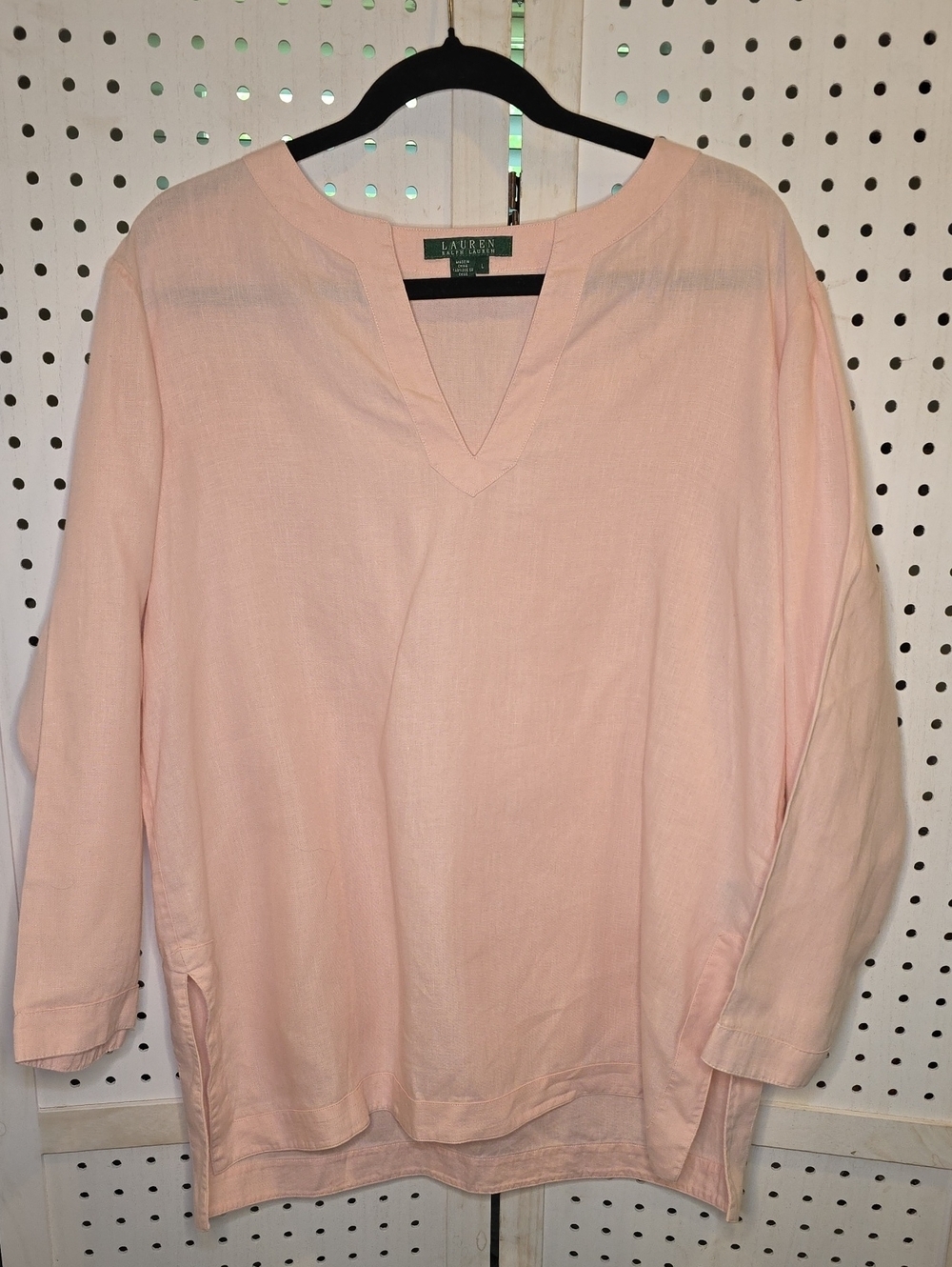 Lauren Ralph Lauren Pale Pink V-Neck Tunic 100% Linen Large